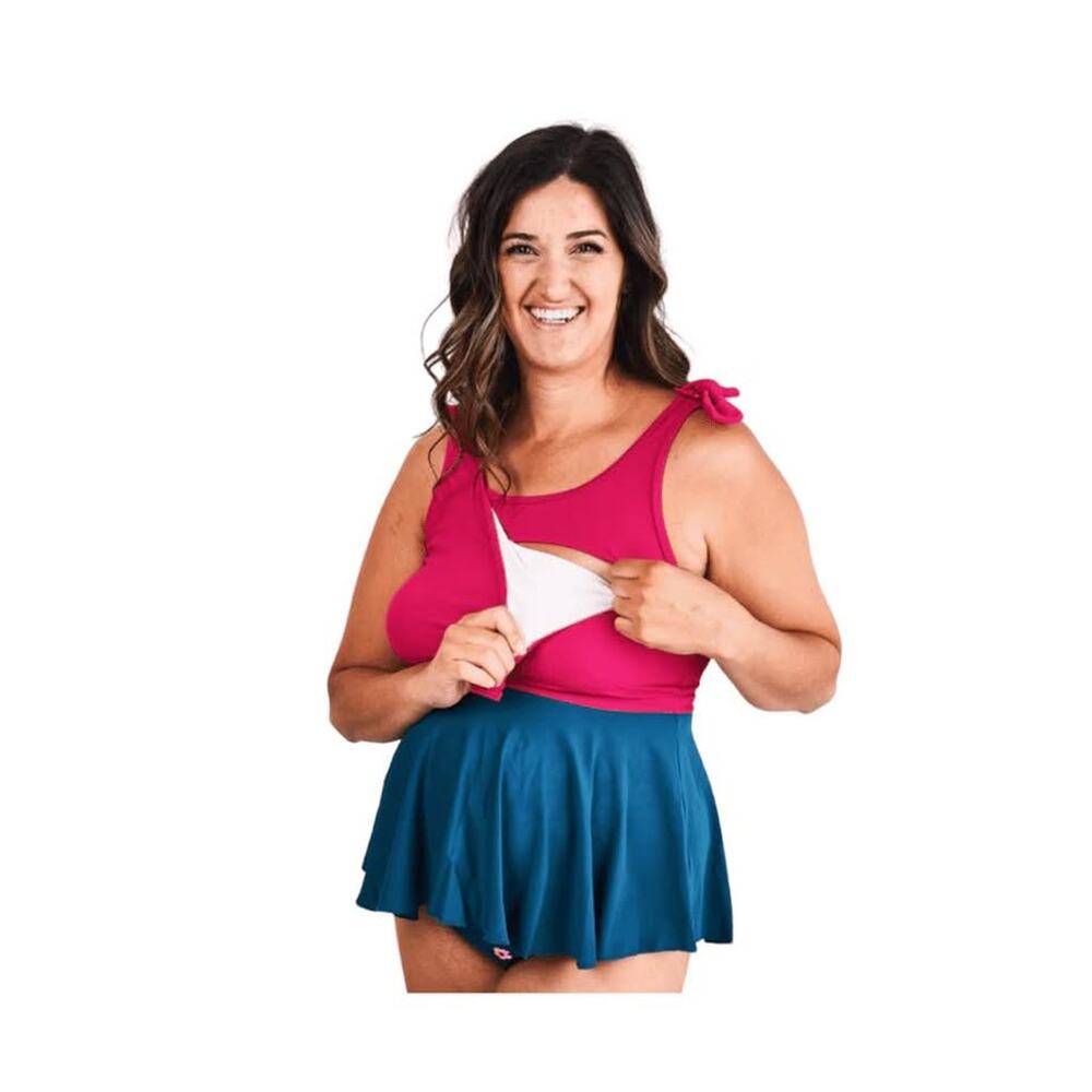 Women’s Magenta Nursing Tankini with Teal Swim Skirt